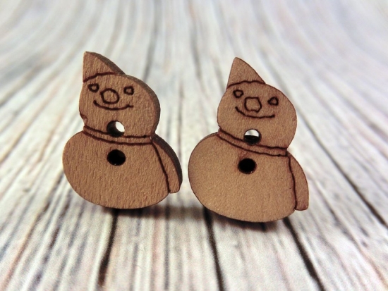 Preview: Schneemann Knopf Ohrstecker Holz Snowman Winter